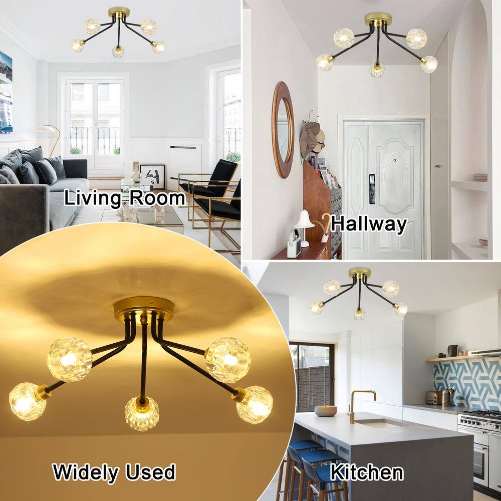 22.16 in. 5-Light Black/Gold Semi-Flush Mount with No Bulbs Included - Hercitys