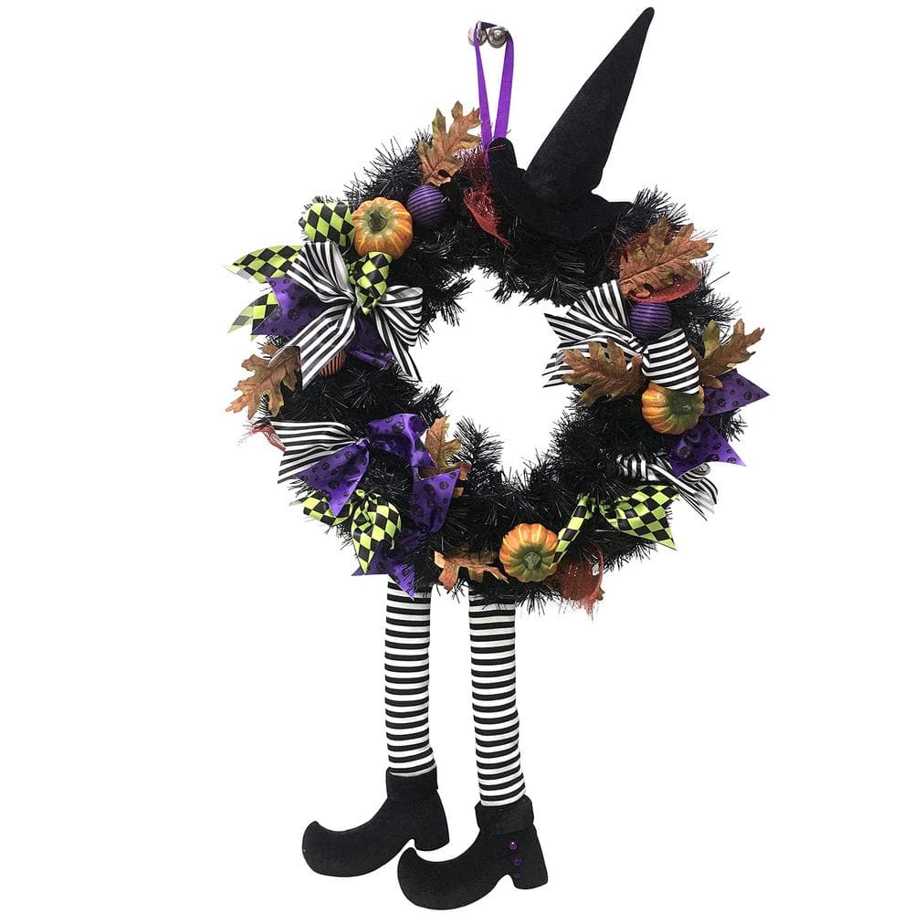 24″ Halloween Wreath-Black Hanging Artificial Witchy Decor with Pumpkins, Maple Leaves, Witch Hat &Legs Halloween Wreath - Hercitys