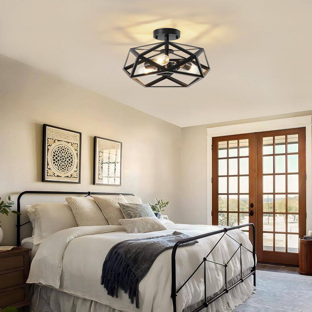 16.1 in. 3-Light Black Geometric Semi Flush Mount Ceiling Light with No Bulbs Included - Hercitys