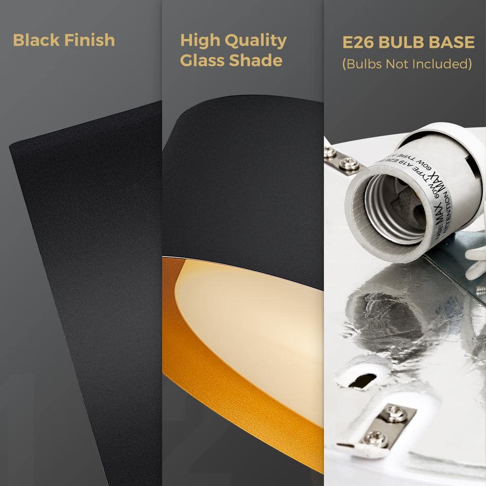 19.7 in. 3-Light Black Flush Mount with Frosted Glass Shade and No Bulbs Included - Hercitys