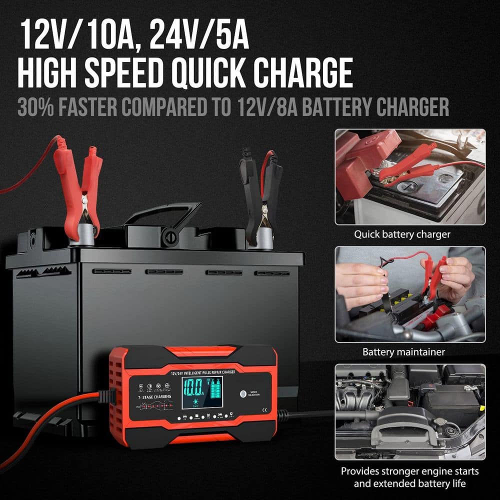 10-Amp Smart Battery Charger 12V 24V with Temp Compensation Trickle Desulfator for Car Boat Use - Hercitys
