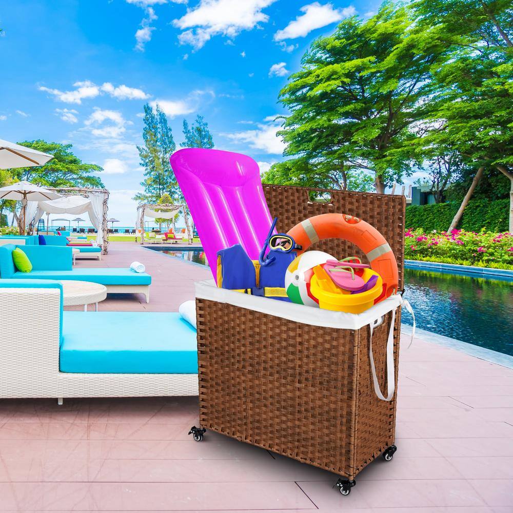 42.26 Gal. Brown Rattan Deck Box Laundry Hamper with Lid and 2 Removable Bags - Hercitys