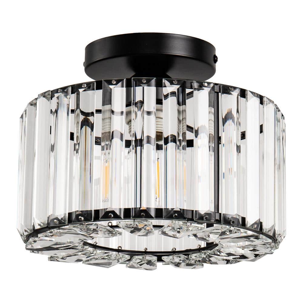 10 in. 1-Light Black Modern Semi-Flush Mount with Crystal Shade and No Bulbs Included - Hercitys