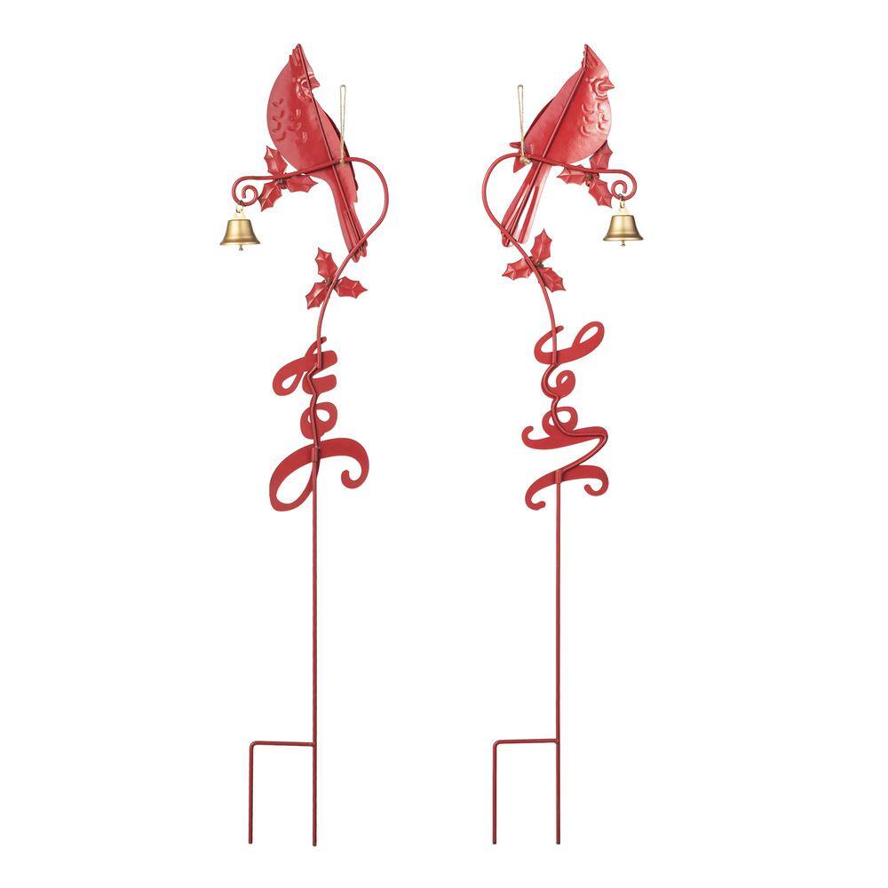 36 in. H Set of 2 Christmas Metal Cardinal JOY and NOEL with Bell Yard Stake or Wall Decor - Hercitys