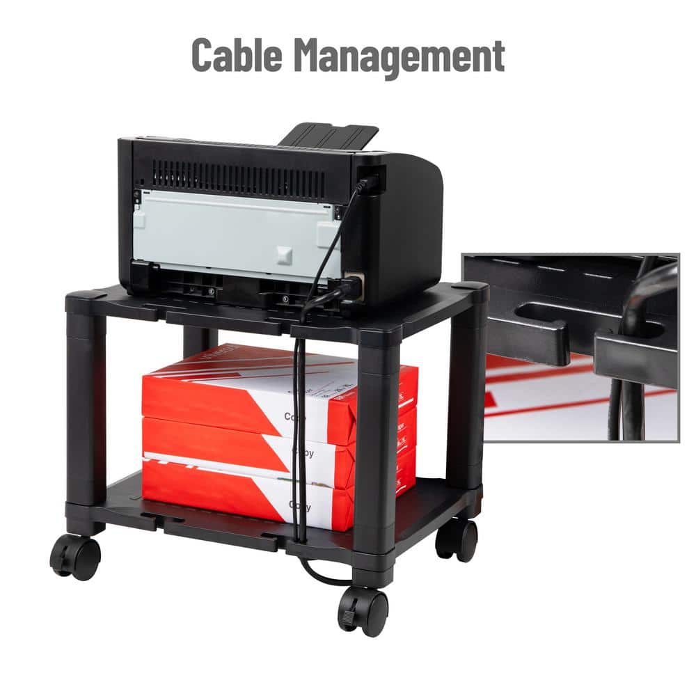 2-Tier Plastic 4-Wheeled Rolling Printer Utility Cart 17.25 in. L x 13.5 in. W x 14.25 in. H, Black - Hercitys