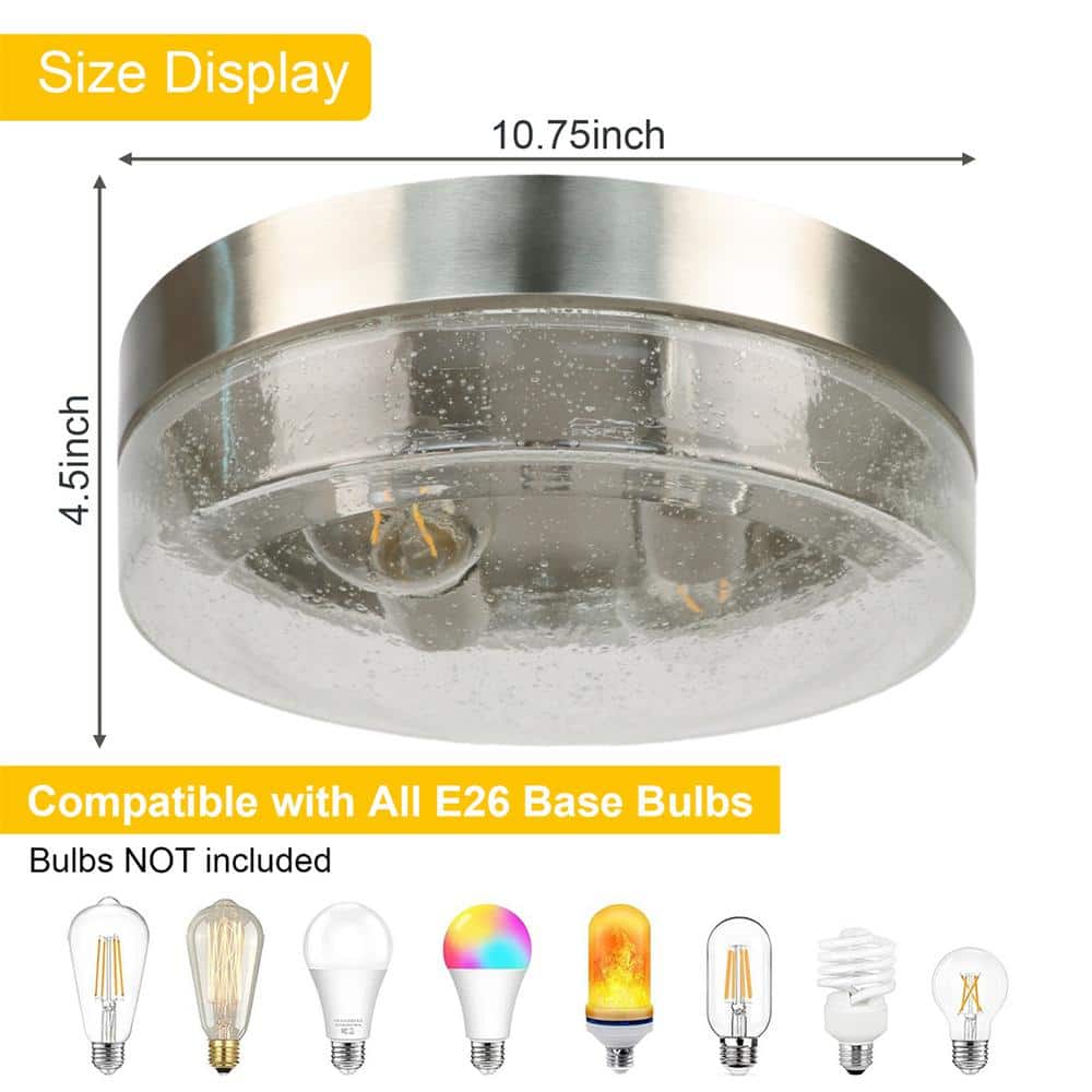 10.75 in. W 2-Light Ceiling Light Fixture Semi-Flush Mount Lighting with Seeded Glass Shade, Bulbs Not Include, Silver - Hercitys