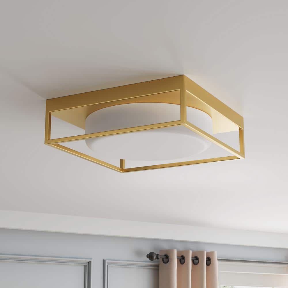 13 in. 2-Light Industrial Gold Flush Mount Farmhouse Close to Ceiling Light Fixture with White Glass Shade - Hercitys