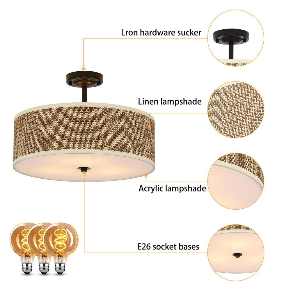 16.9 in. 3-light Brown Modern Rattan Semi-flush Mount Ceiling-Light - Hercitys