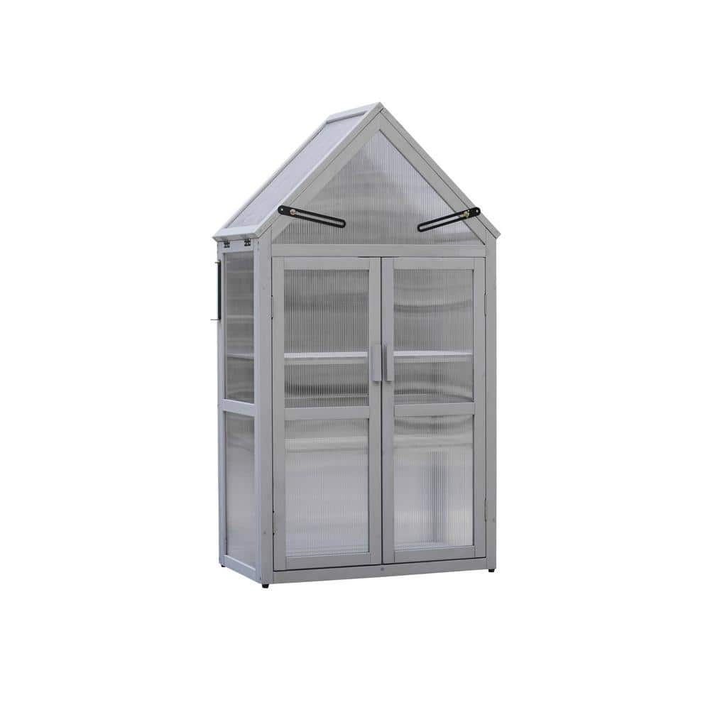 27.55 in. W x 16.14 in. D x 52.36 in. H Wood Gray Mini Greenhouse with Adjustable Roof Panels, Adjustable Shelf - Hercitys