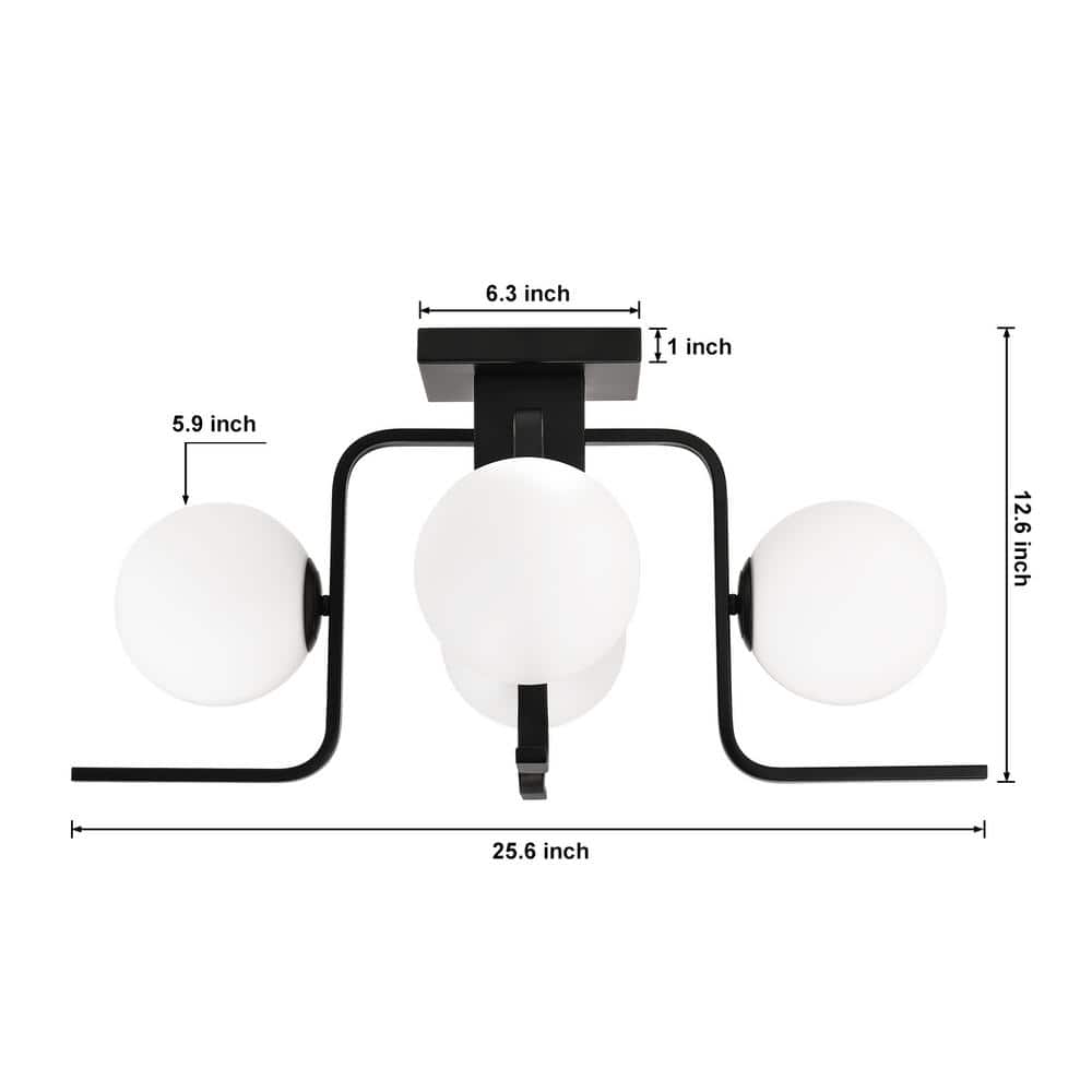 25.6 in. 4-Light Matte Black Industrial Semi-Flush Mount Ceiling Light with White Globe Glass - Hercitys