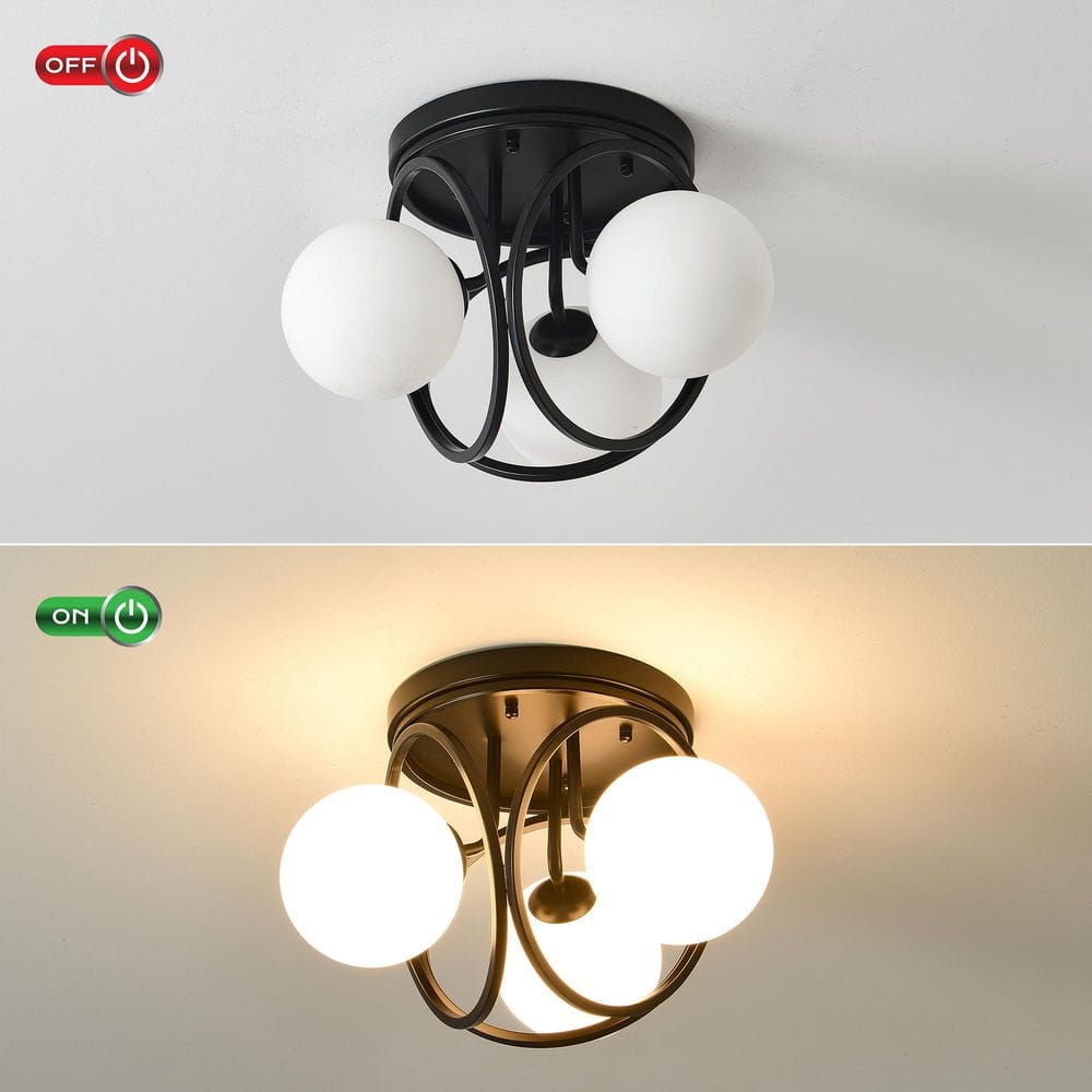 11.81 in. 3-Light Black Industrial Semi-Flush Mount Ceiling Light with Frosted Glass Shade - Hercitys