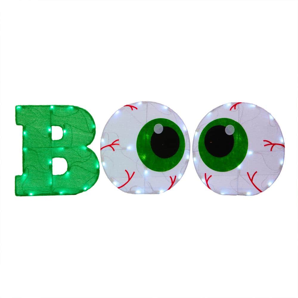 14 in. 2D Tinsel Fabric BOO Sign Pre-Lit with 50 Green and Cool White Plug-In LED Lights - Hercitys