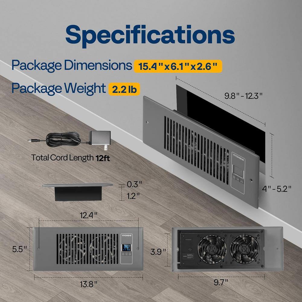 4 in. x 12 in. 120 CFM Wall Mounted Quiet Smart Register Booster Fan with Thermostat Control in Gray - Hercitys