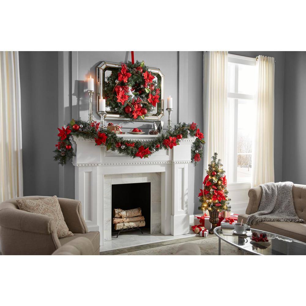 30 in. Red Poinsettia, Berries, Silver and Red Ball and Twig Pine Artificial Wreath - Hercitys
