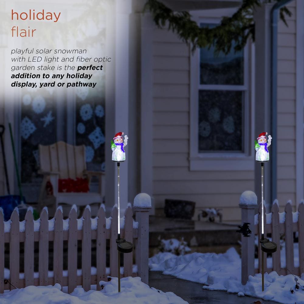 34 in. Tall Solar Snowman Fiber Optic Garden Stake with LED Lights, Set of 2 - Hercitys