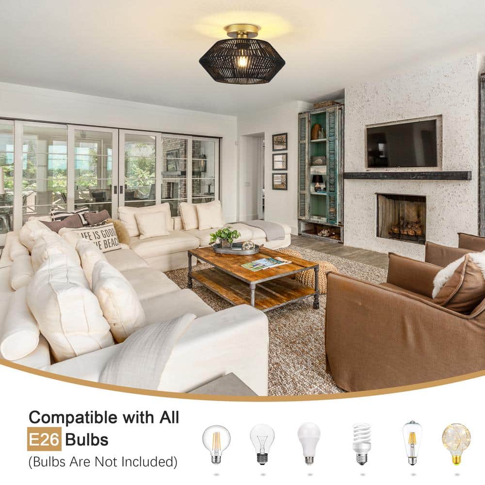 12.59 in. 1-Light Gold and Black Metal Semi-Flush Mount Light with Imitation Hemp Rope Shade and No Bulbs Included - Hercitys