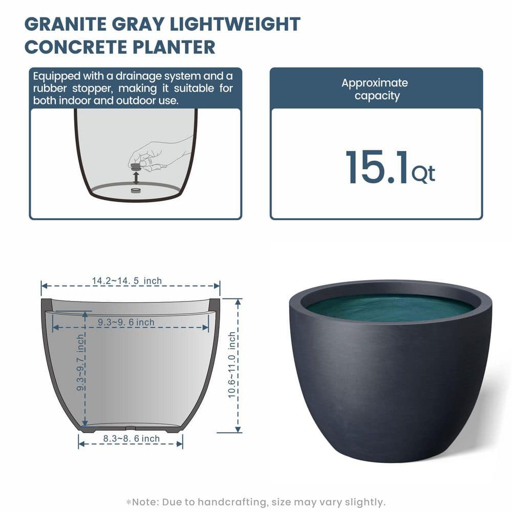 14.5 in. Medium Granite Gray(Premium Inner) Concrete Round Planter/Pot with Drainage Holes - Hercitys