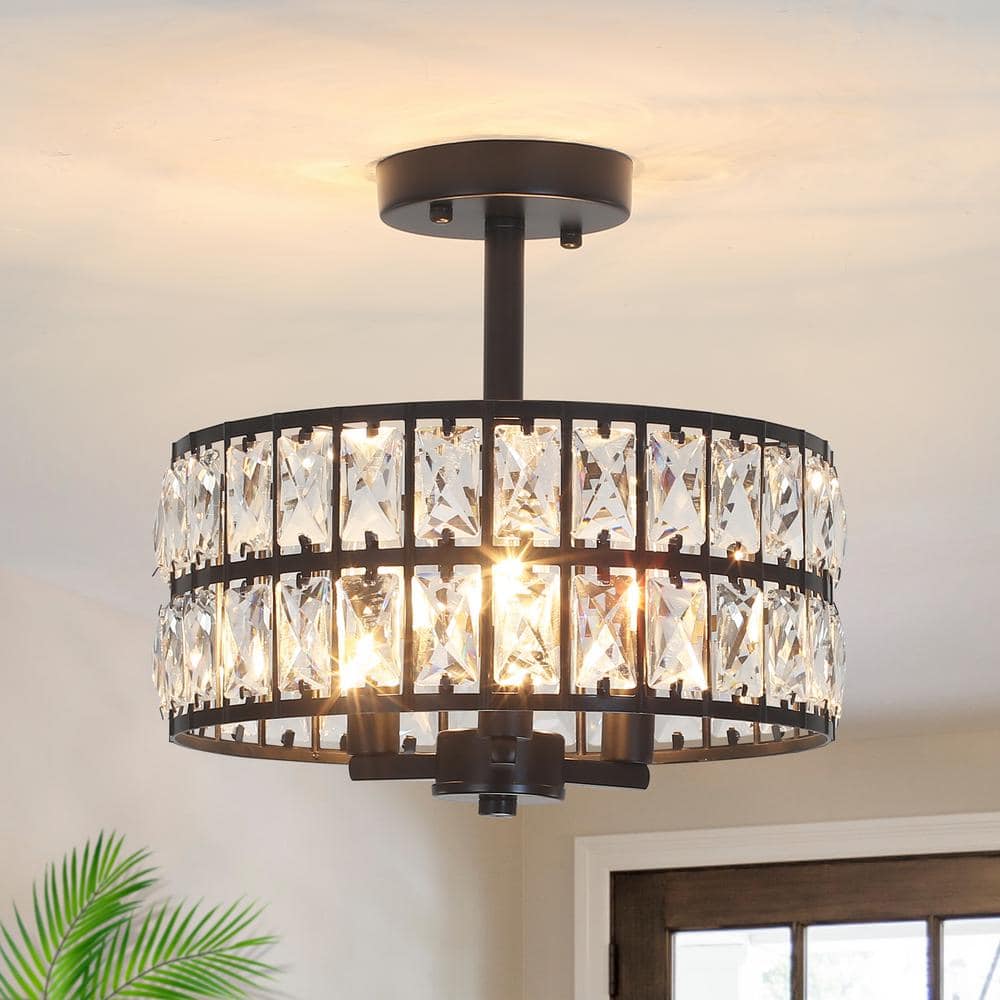 12.59 in. 3-Light Chrome Round Drum Semi-Flush Mount Ceiling Light with Clear Crystal and No Bulbs Included - Hercitys