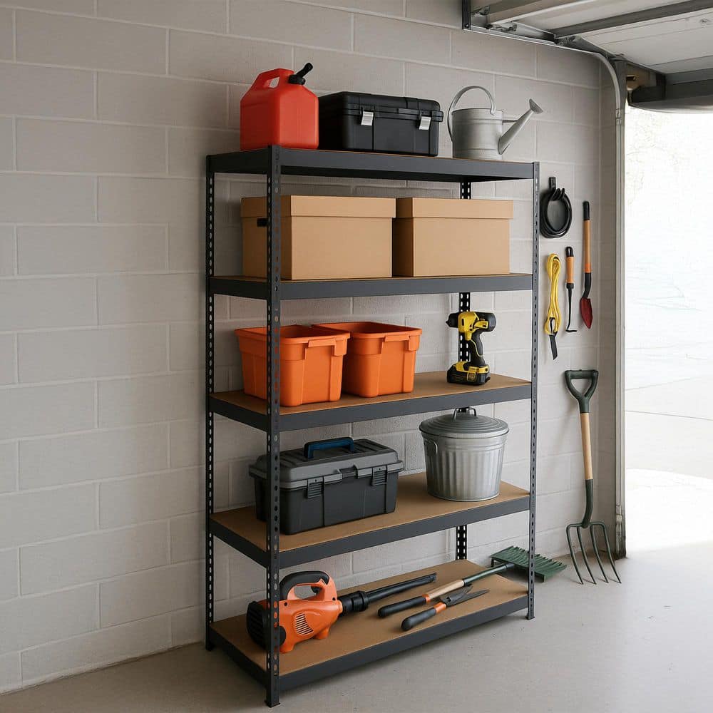 5-Tier Powder-Coated Steel Garage Storage Shelving Unit in Matte Black with HDF Racks (48 in. W x 72 in. H x 24 in. D) - Hercitys