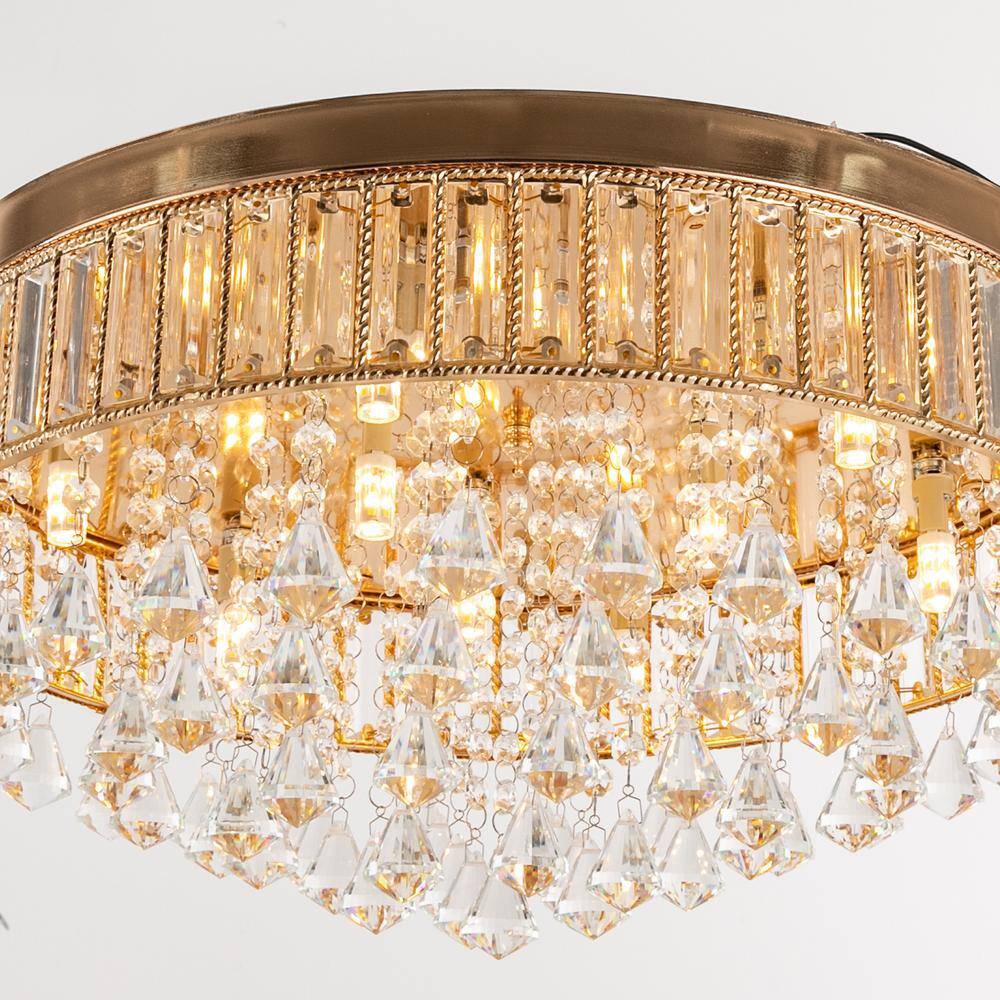 19.68 in. 9-Light Gold Modern Round Flush Mount Ceiling Light with Clear Crystal Shade and No Bulbs Included - Hercitys