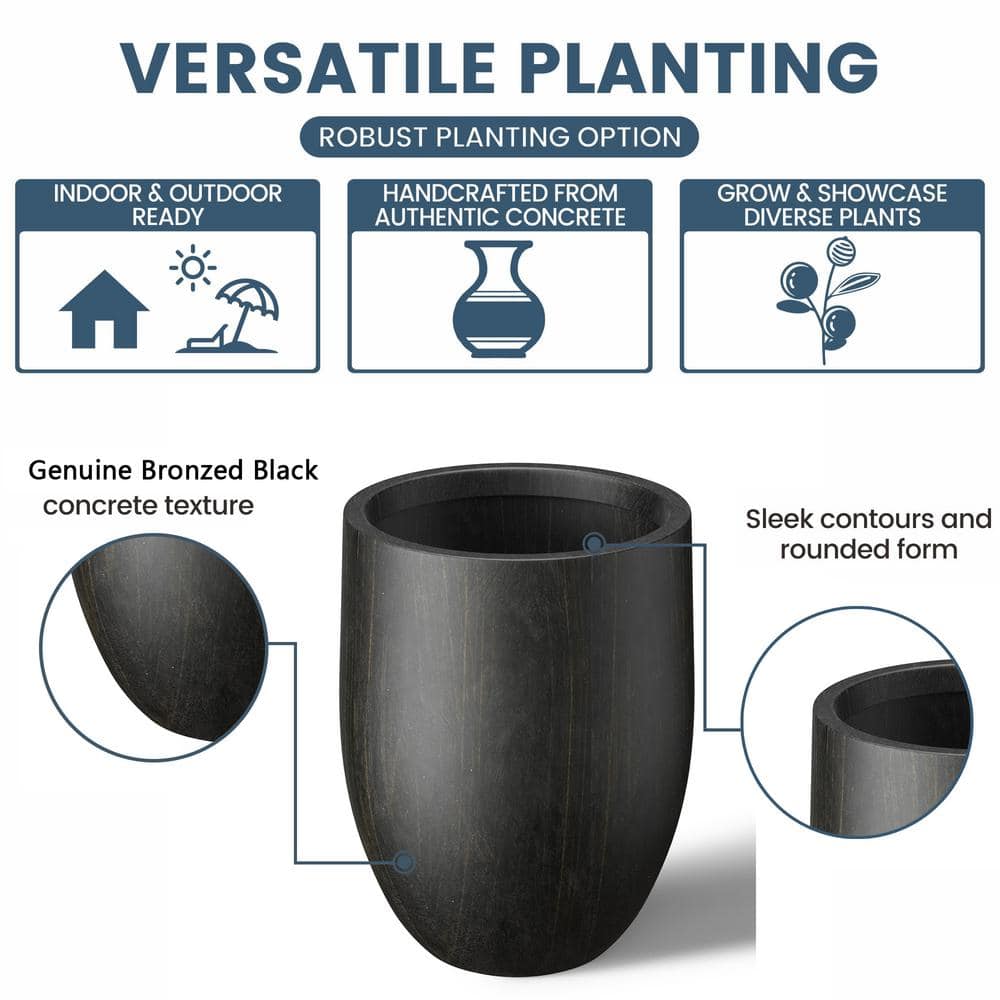 17 in. Large Bronzed Black Concrete Round planter / Pot with drainage holes - Hercitys