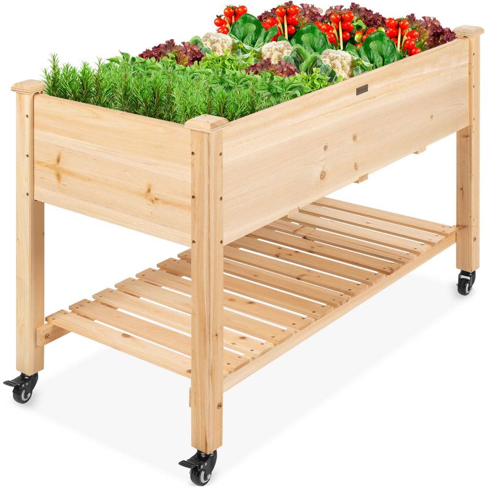 48 in. x 24 in. x 32 in. Wood Raised Garden Bed with Lockable Wheels, Liner - Hercitys