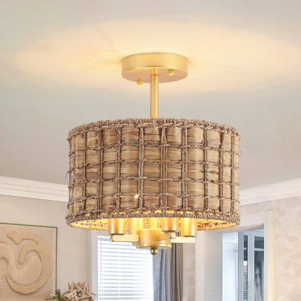 11.81 in. 4-Light Gold Drum Natural Rattan Seagrass Semi Flush Mount Ceiling Light Fixtures with No Bulbs Included - Hercitys