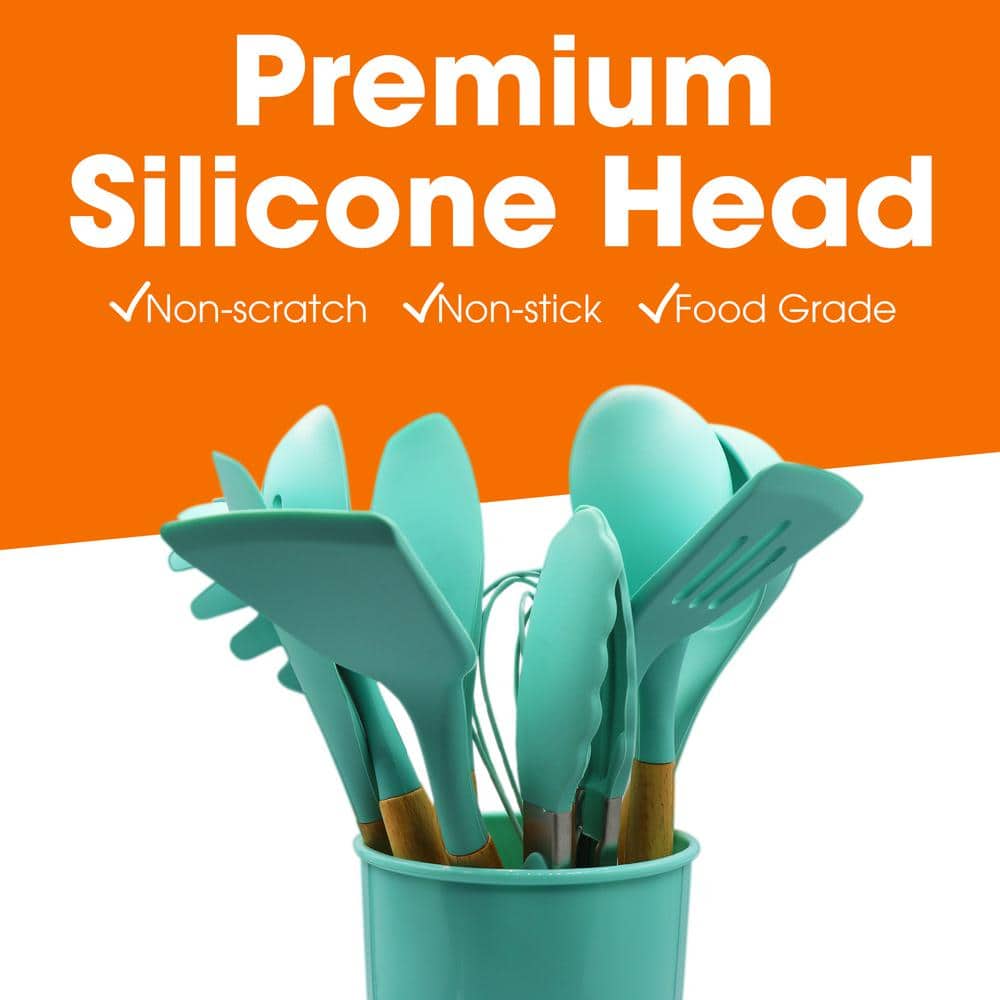 12-Piece Aqua Silicone Utensil Spatula Set with Wooden Handles - Hercitys