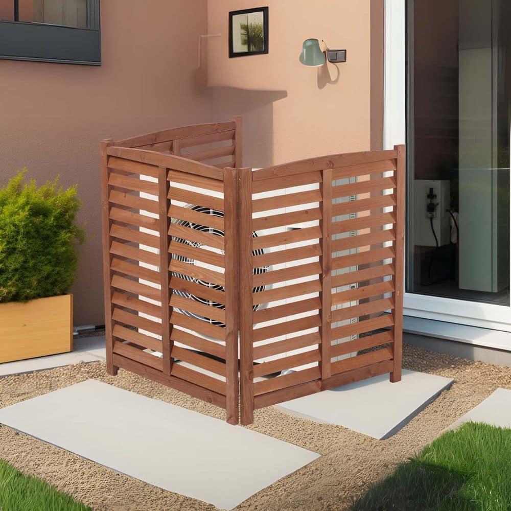 38 in. Brown Wood Garden Fence, 3-Section Outdoor Wooden Screen, Outdoor Air Conditioner Fence, Outside Privacy Fence - Hercitys