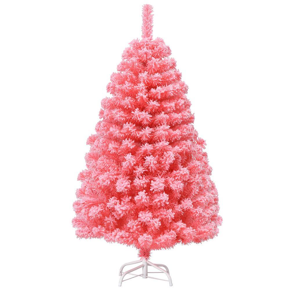 4.5 ft. Snow Flocked Hinged Artificial Christmas Tree with Metal Stand Pink - Hercitys