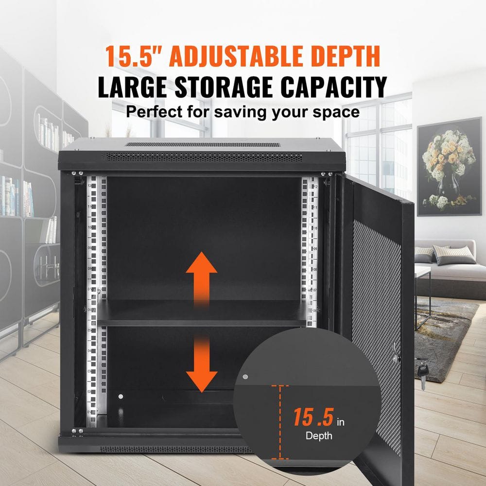 12U Wall Mount Steel Server Cabinet 25.2×15.5×17.7in. Depth Network Rack Enclosure Household Shelving Unit 1-Tier(Black) - Hercitys