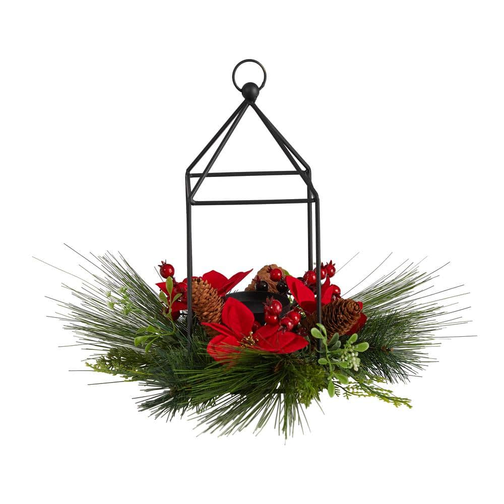 14 in. Unlit Christmas Poinsettia, Berry and Pinecone Metal Candle Holder Christmas Artificial Table Arrangement - Hercitys