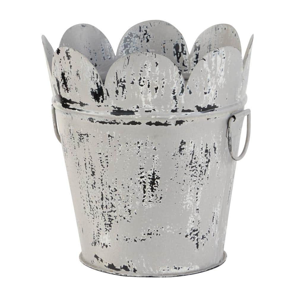 11 in. x 12 in. Farmhouse Style Distressed White Metal Scalloped Bucket Planter with Handles - Hercitys
