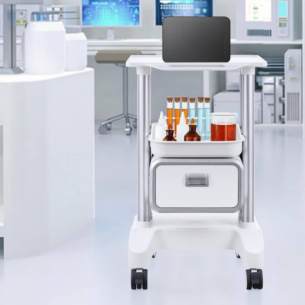 2-Tiers Lab Carts, White, Plastic, Kitchen Cart, with 1-Drawer and 1-Top Tray, Lab Rolling Cart, Mobile Medical Cart - Hercitys