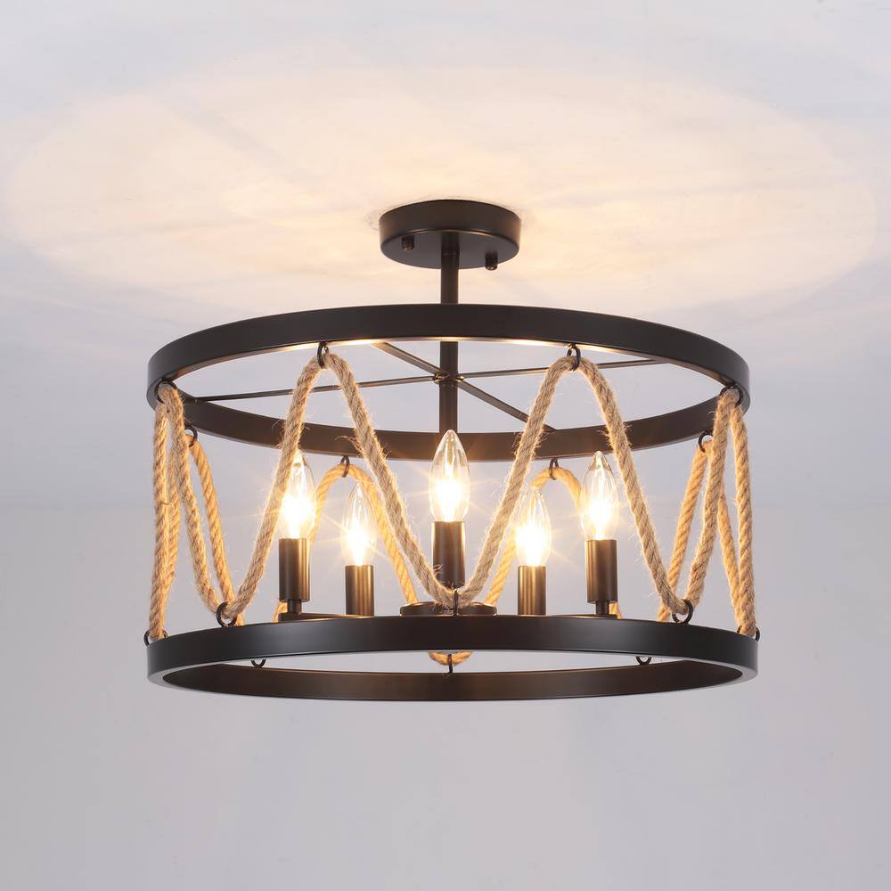 19.68 in. 5-Light Black Drum Metal Hemp Rope Semi-Flush Mount Light，No Bulbs Included - Hercitys