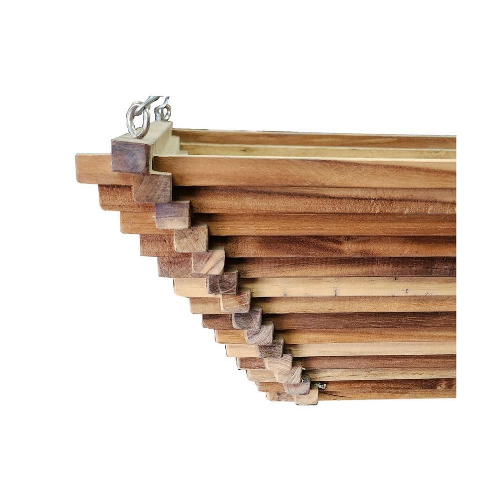 18 in. Brown Teak Wood Square Pyramid Shape Hanging Basket - Hercitys