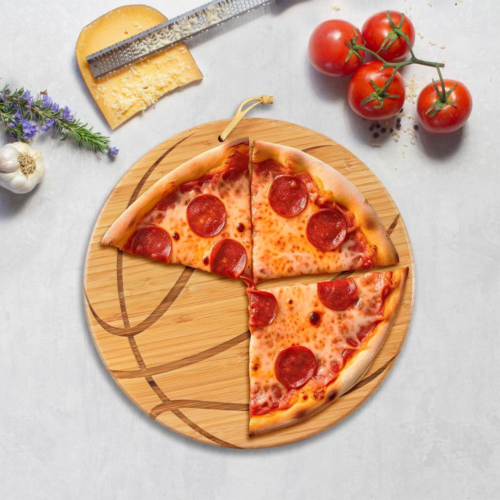 12″ Diameter Basketball Shape Bamboo Flat Grain Cutting Board with Engraved Design & Wall-Hanging Tie - Hercitys