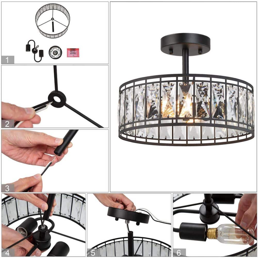 12.5 in. 2-Light Industrial Modern Black Drum Semi Flush Mount Light with Crystal Glass Shade - Hercitys