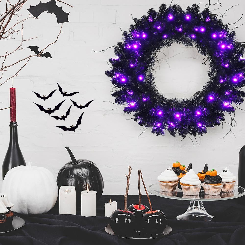 24 in. Black PreLit Artificial Christmas Wreath Halloween Wreath with 35 Purple LED Lights - Hercitys