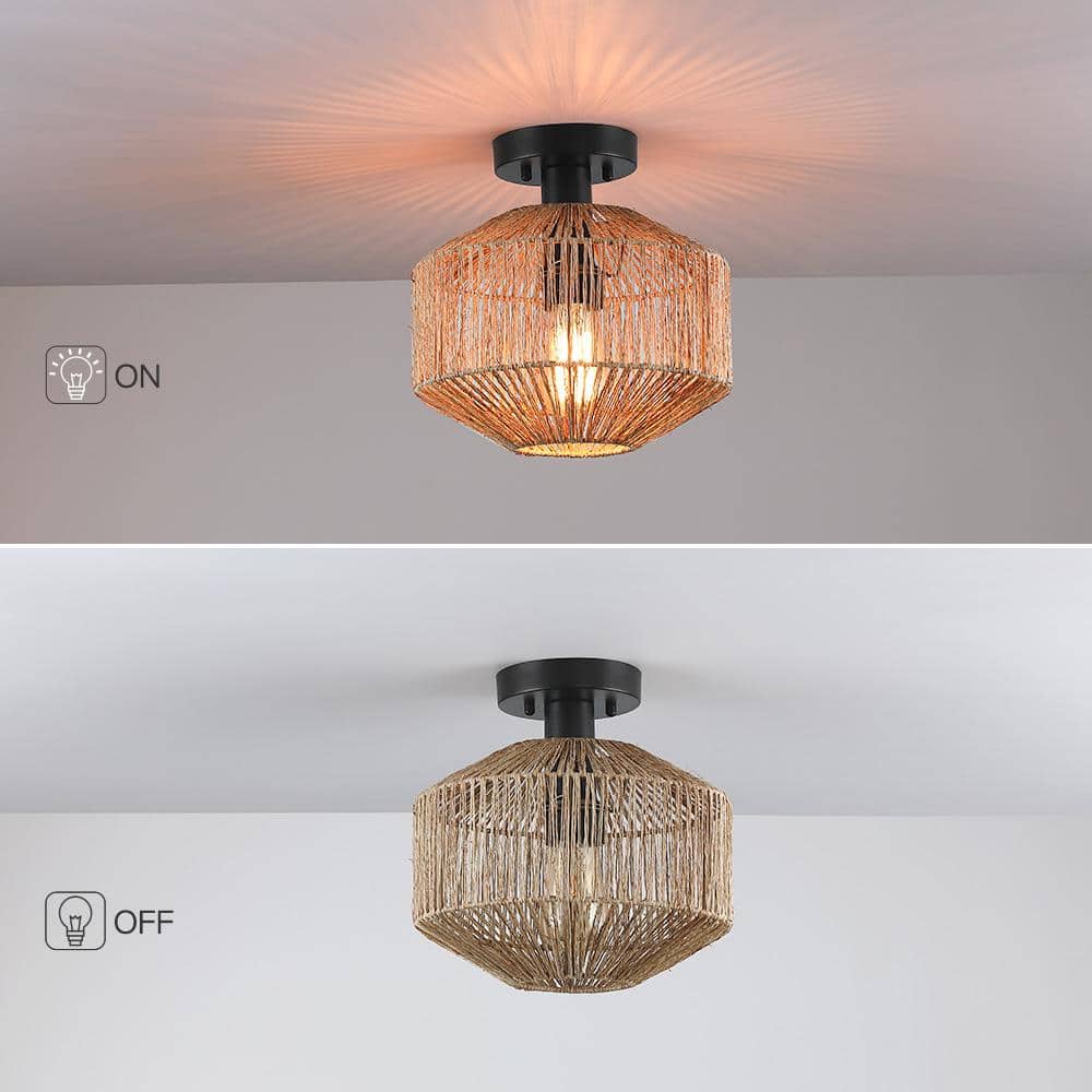 10.2 in. 1-Light Bohemian Natural Jute Rope Semi-Flush Mount Ceiling Light with Black Hardware - Hercitys