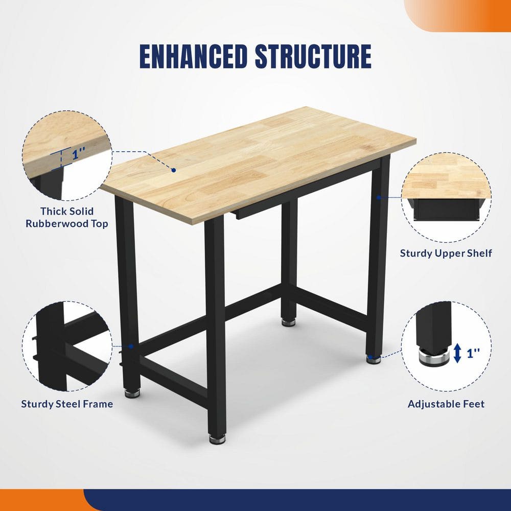 48 in. W x 24 in. D 1-Drawer Workbench Table with Rubber Wood Tabletop - Hercitys