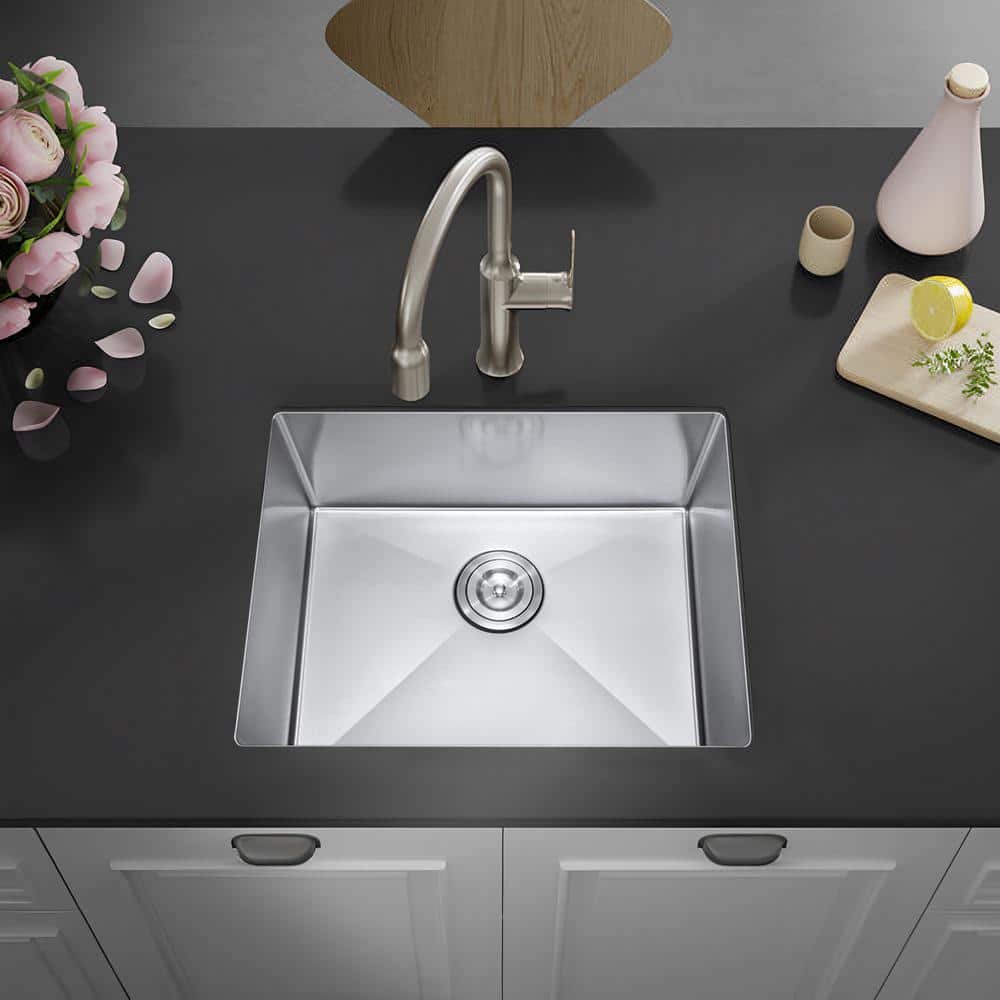 23 in Undermount Single Bowl 20 Gauge Stainless Steel Kitchen Sink with Strainer - Hercitys