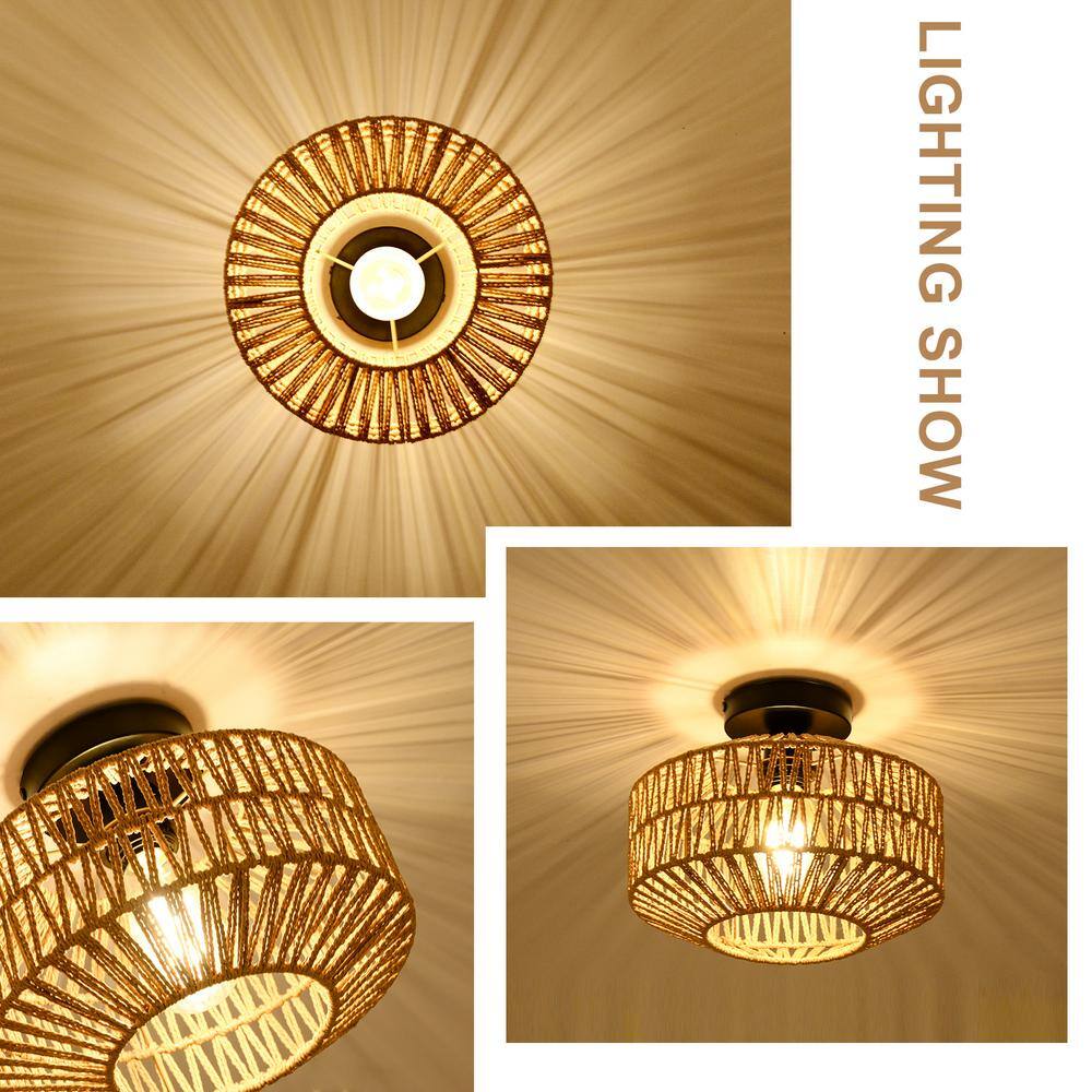 11.8 in. W 1-Light Mini Natural Rattan Chandelier Flush Mount Light with Dimmable LED Bulb - Hercitys