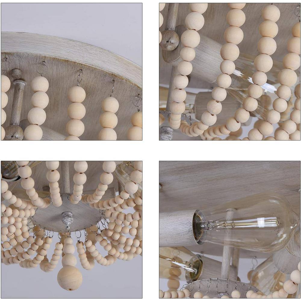 11.8 in. 3-Light Farmhouse Bohemian Wood Beaded Flush Mount - Hercitys