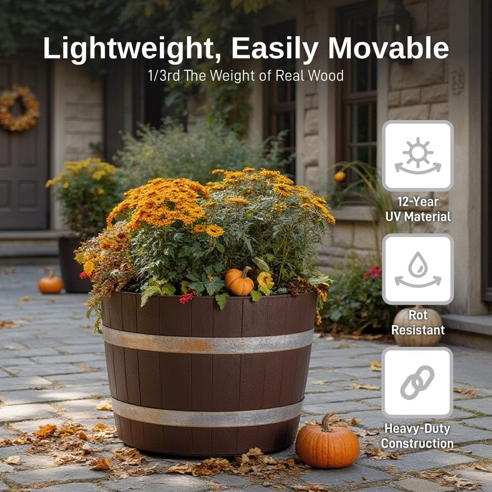 23.6 in. Dia x 17 in. H Brown Round Polyethylene Better Barrel Planter - Hercitys