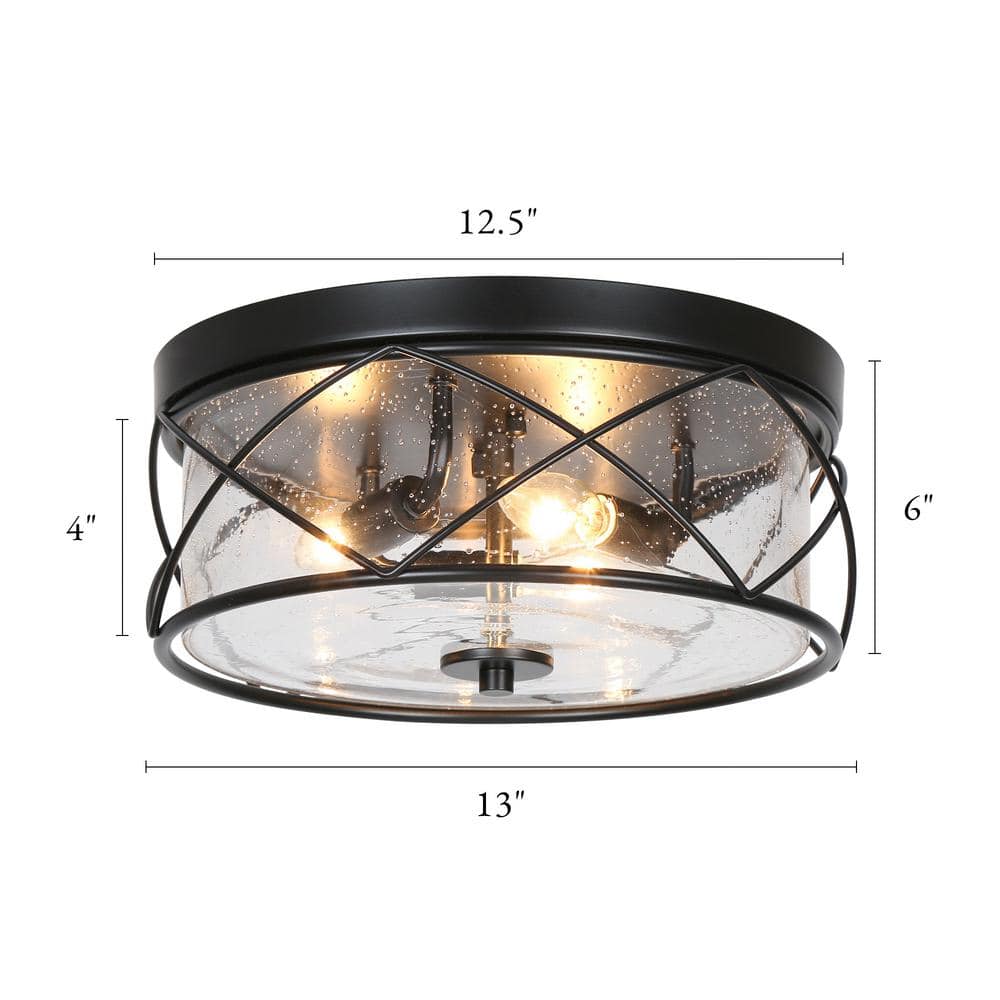 13 in. 3-Light Black Modern Farmhouse Foyer Flush Mount with Clear Seeded Glass Shade Classic Circle Ceiling Light - Hercitys