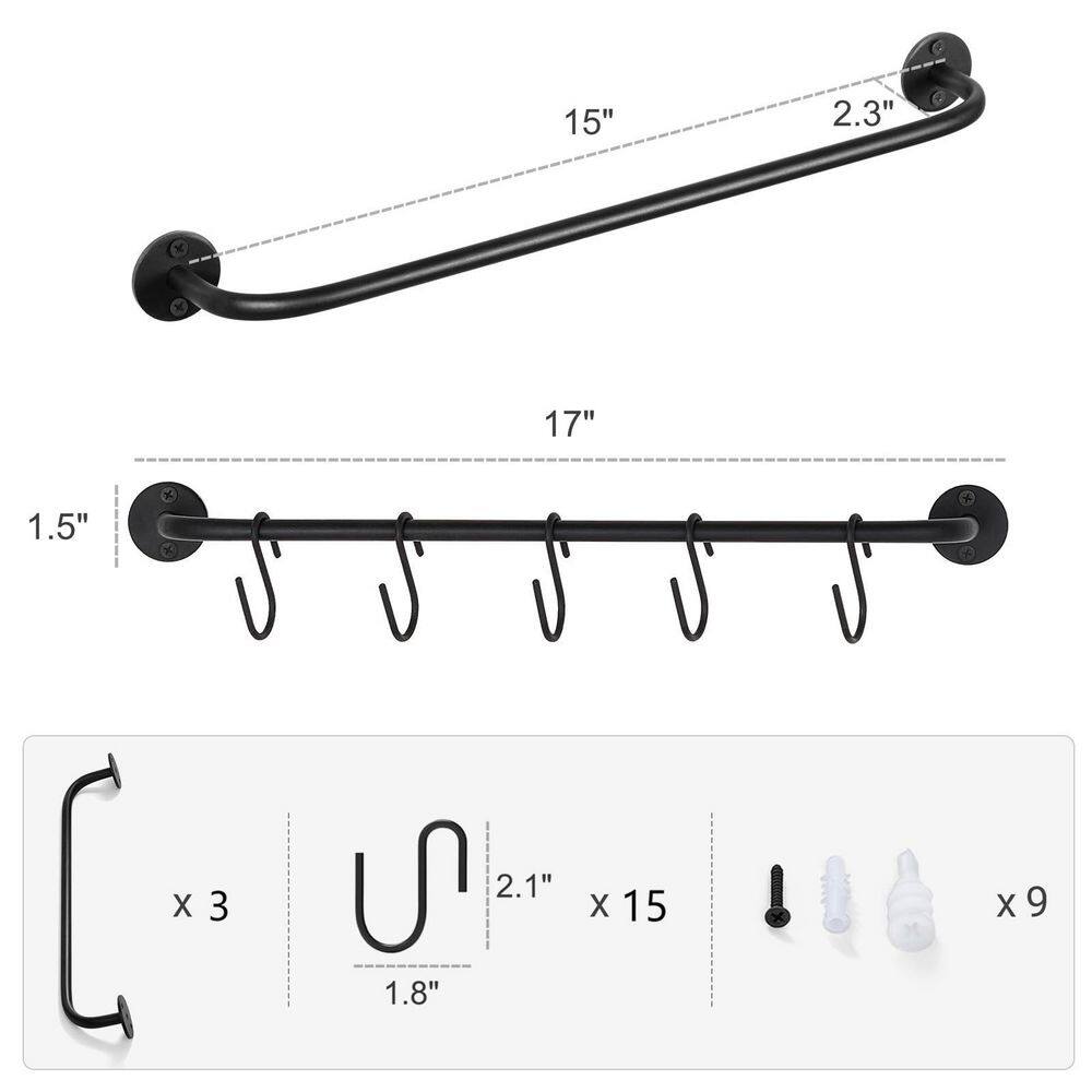 3-Pack 17 in. Black Wall Mounted Mug Holder with 15 Mug Hooks, Coffee Cup Rack Hanger, TeaCups Storage Organizer - Hercitys