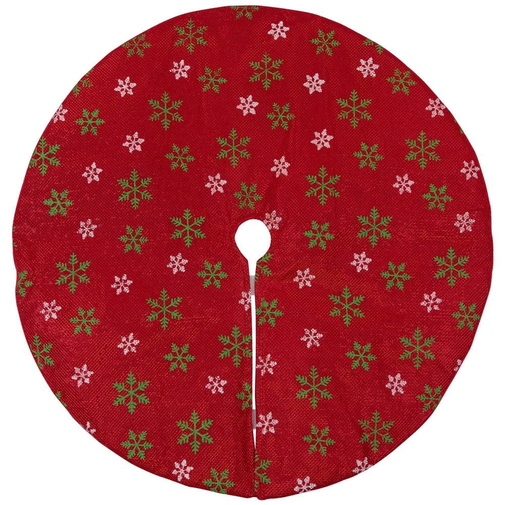 20 in. Metallic Red with Green and White Snowflakes Mini Christmas Tree Skirt - Hercitys