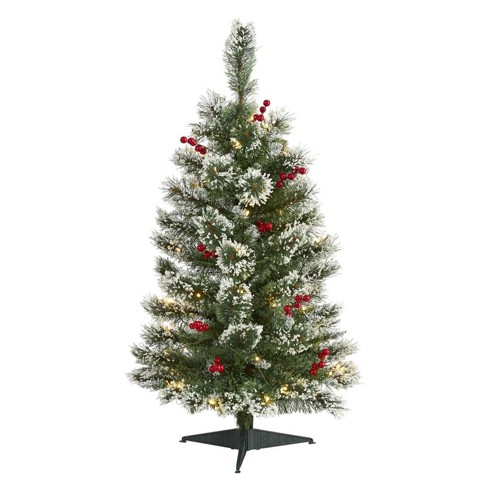 3 ft. Pre-lit Frosted Swiss Pine Artificial Christmas Tree with 50 Battery Operated Clear LED Lights and Berries - Hercitys