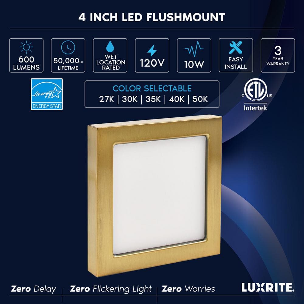 4 in. Square Brass Modern Flush Mount Ceiling Light LED Integrated 10-Watt 600LM 5CCT 2700K-5000K Dimmable (4-Pack) - Hercitys